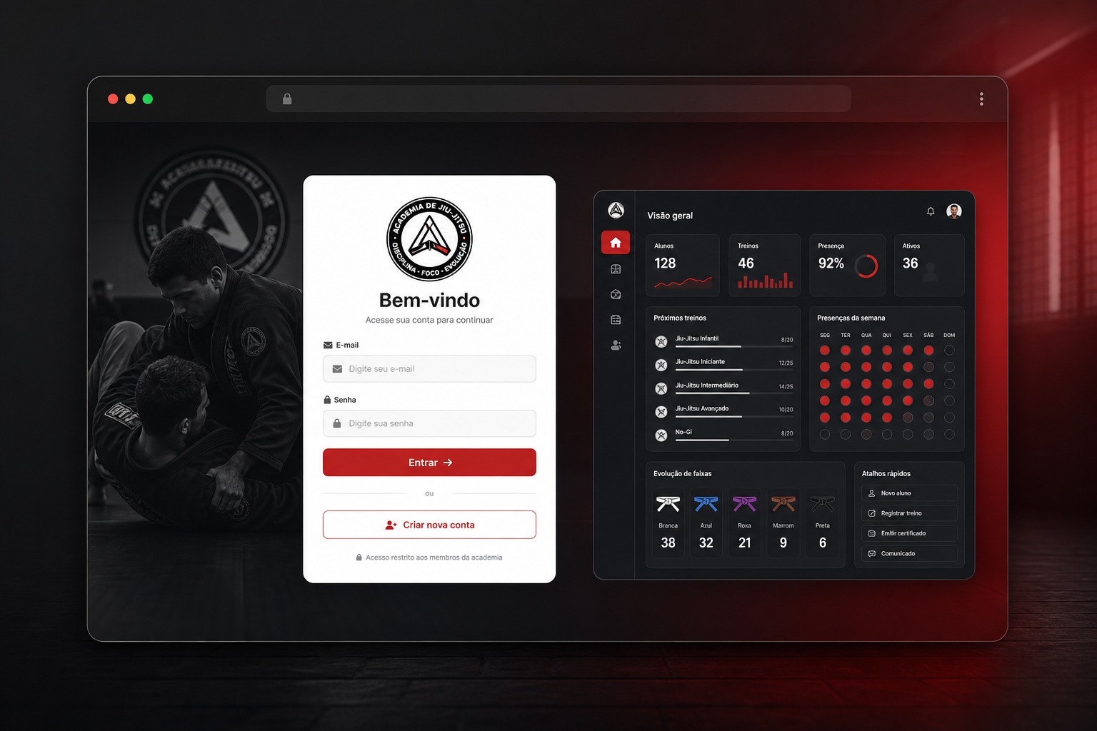 Tela do DojoHub com login de academia de jiu-jitsu e painel de gestao