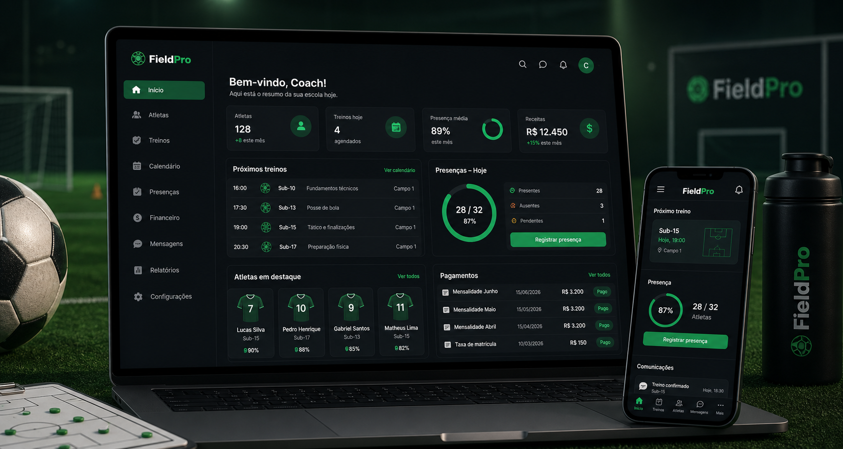 Tela do FieldPro com dashboard de gestao de escolinha de futebol