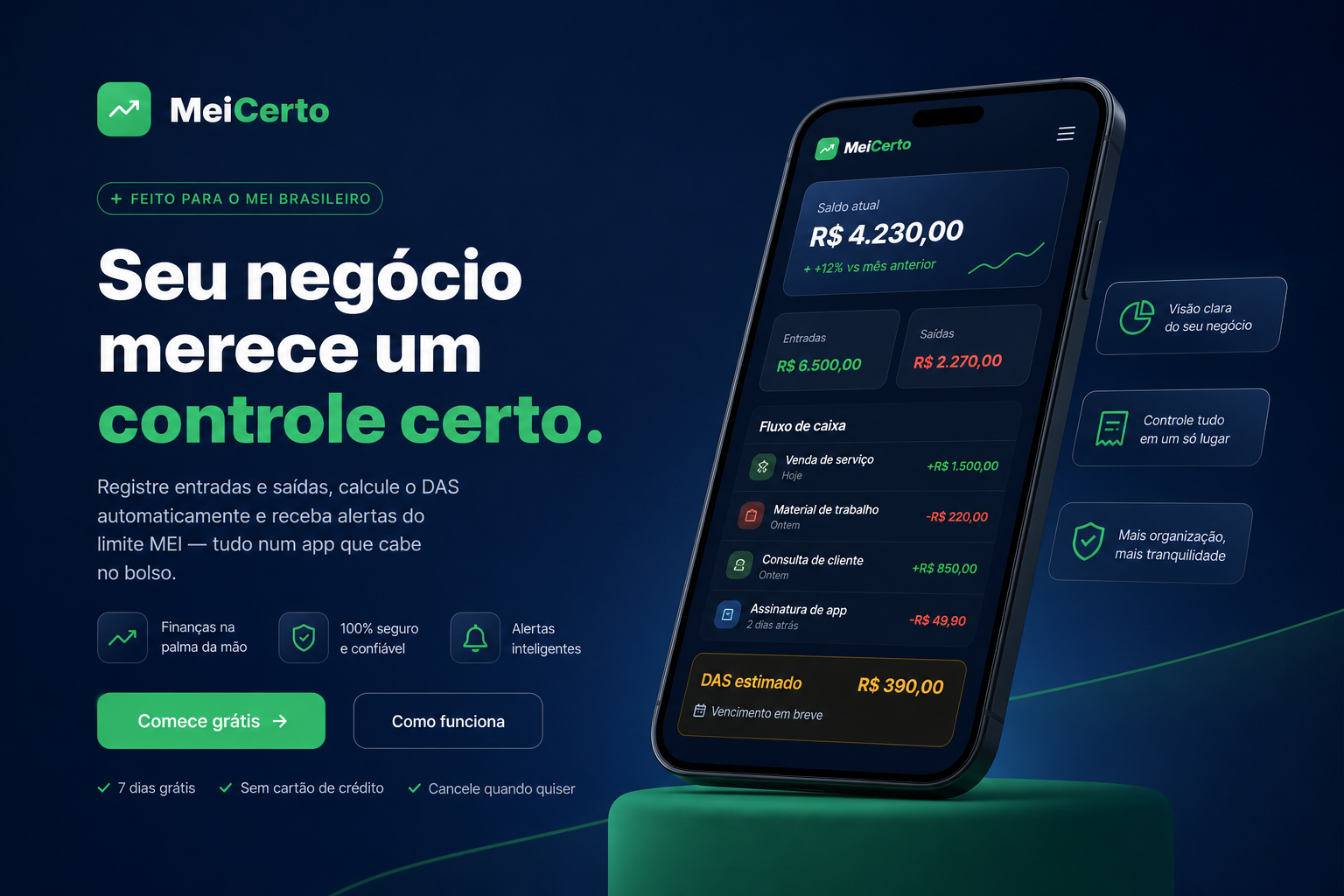 Tela do MeiCerto com landing page e app financeiro para MEI