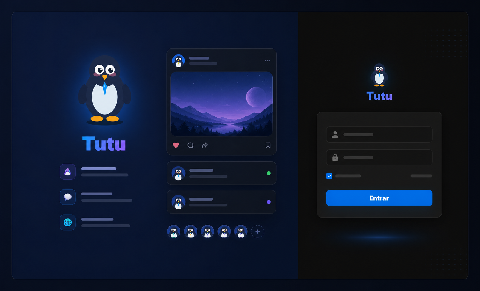 Tela do Tutu Social com login, mascote e interface social